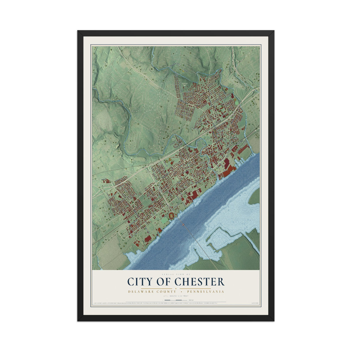 Map of the City of Chester, Delaware County, Pennsylvania, 12 x 18 inch print in a black wood frame