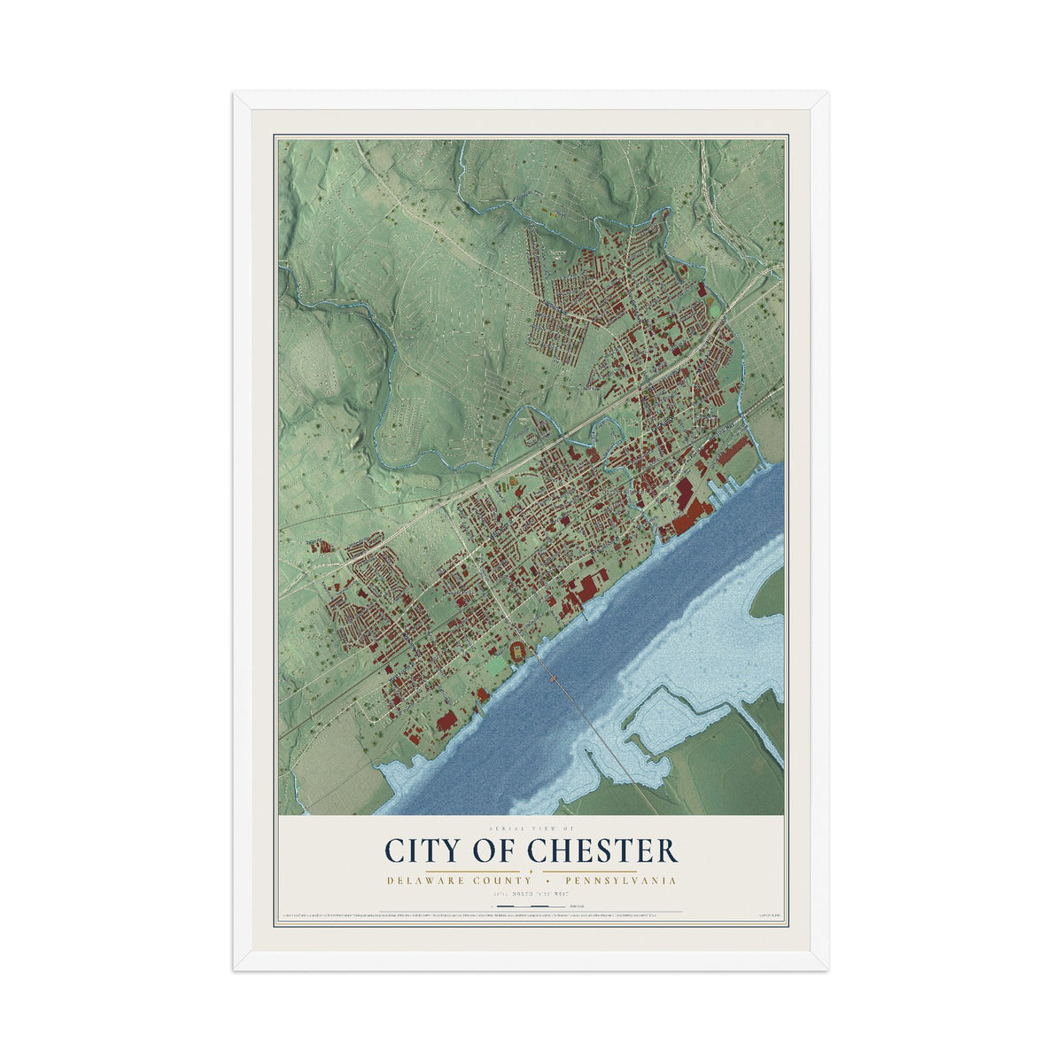 Map of the City of Chester, Delaware County, Pennsylvania, 12 x 18 inch print in a white wood frame