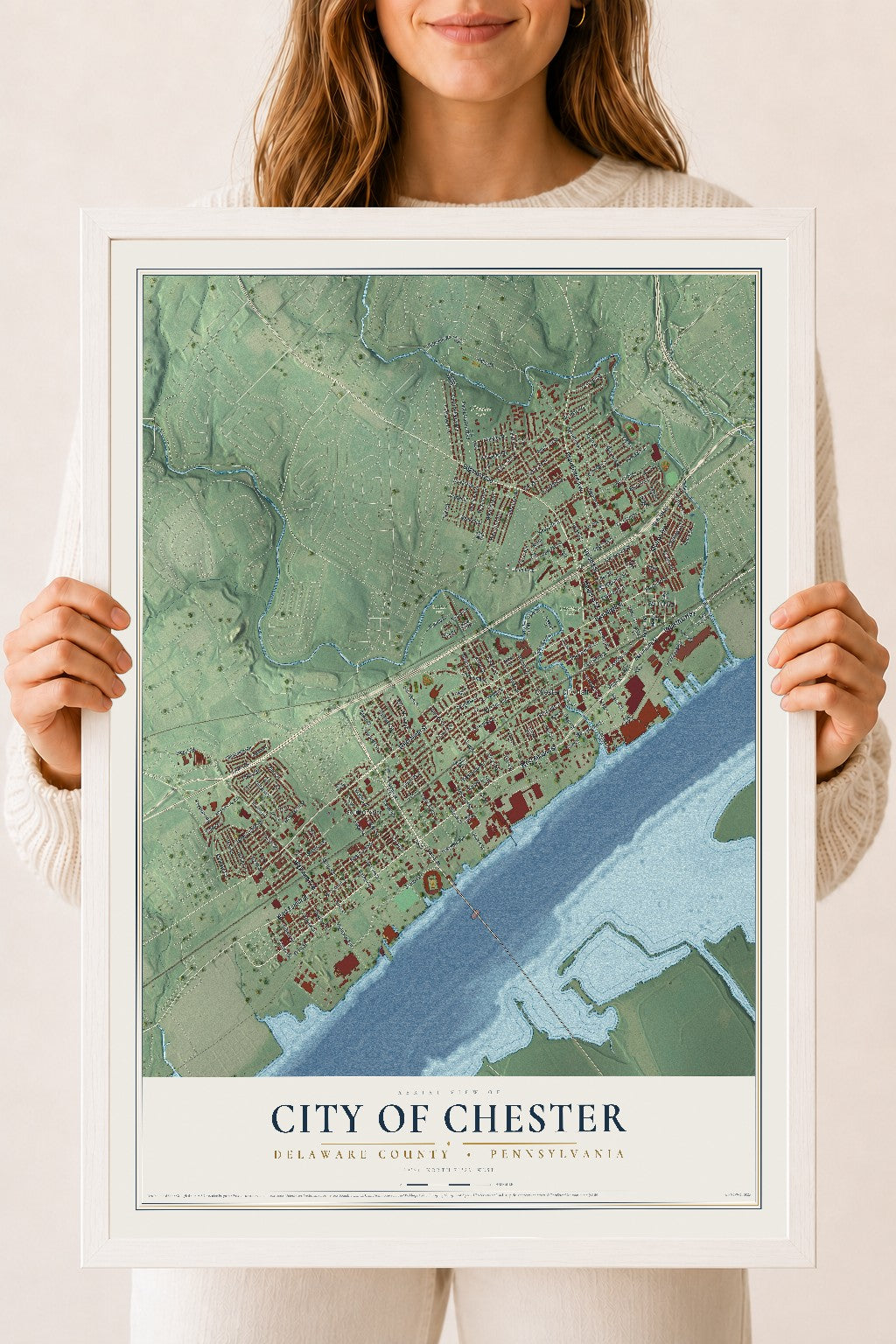 Map of the City of Chester, Delaware County, Pennsylvania, 18 x 24 inch print in a white wood frame