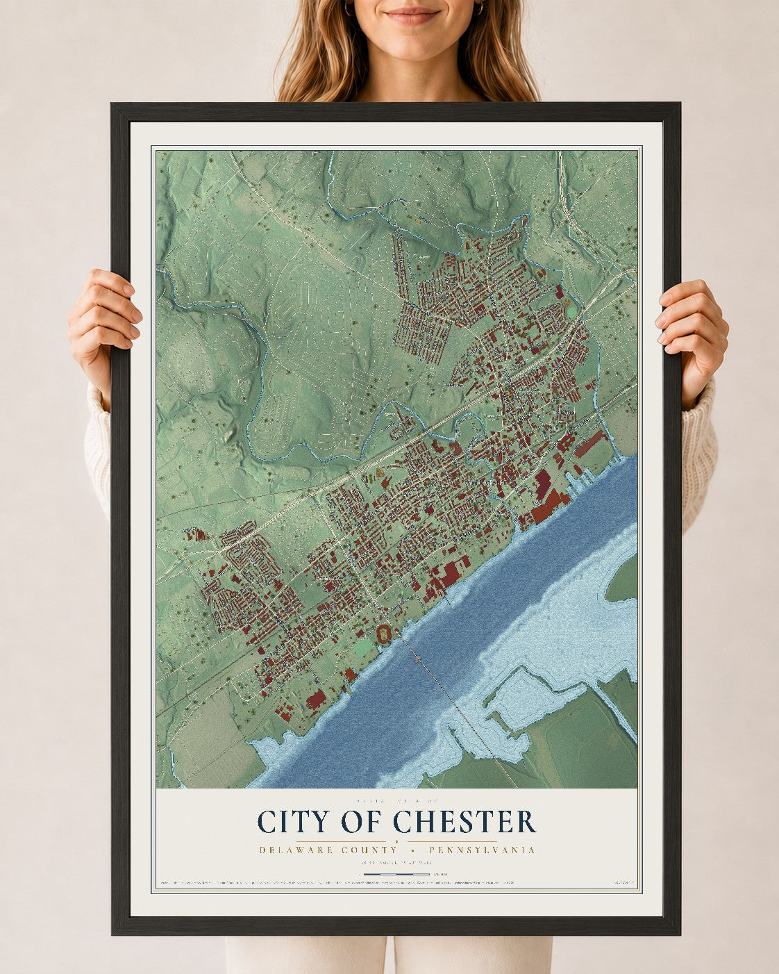 Map of the City of Chester, Delaware County, Pennsylvania, 24 x 36 inch print in a black wood frame