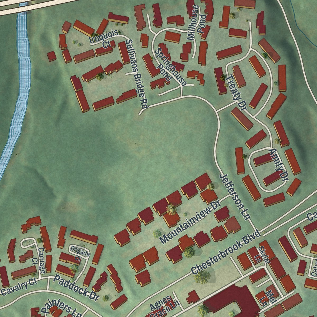 Close-up of the map of Chesterbrook, Pennsylvania print showing street and building detail