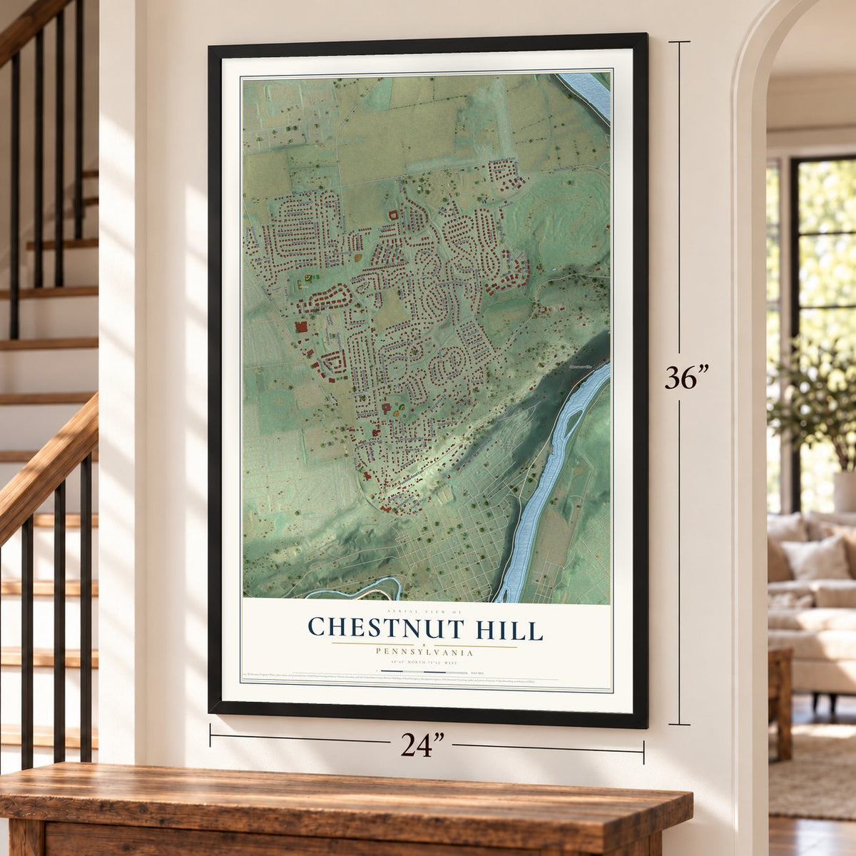 Chestnut Hill, Pennsylvania map, 24 x 36 inch print in a black frame by a staircase