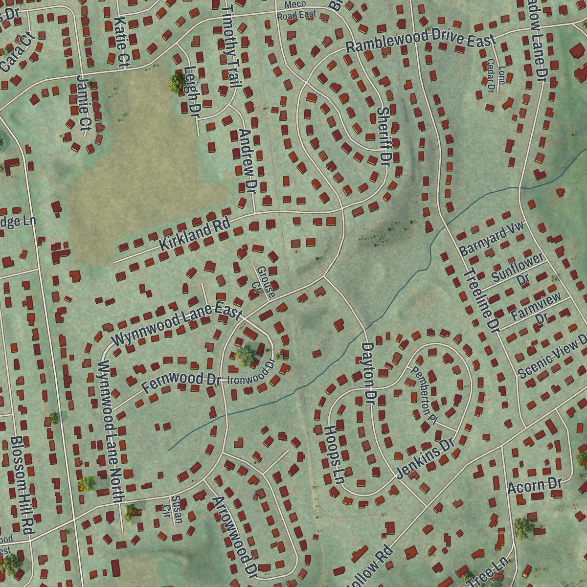 Close-up of the map of Chestnut Hill, Pennsylvania print showing street and building detail