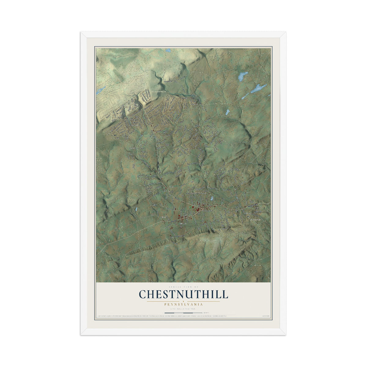 Map of Chestnuthill, Pennsylvania, 12 x 18 inch print in a white wood frame