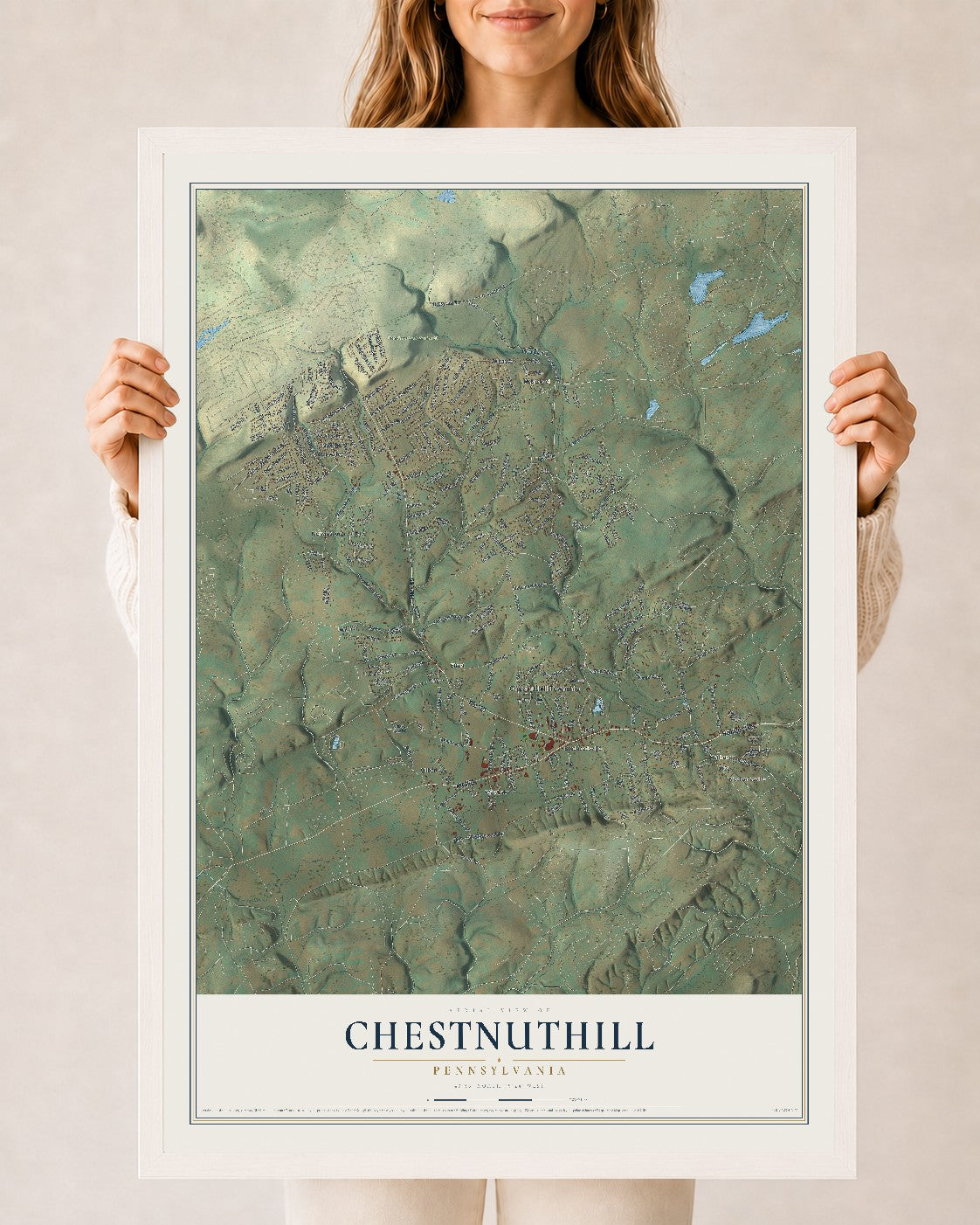 Map of Chestnuthill, Pennsylvania, 24 x 36 inch print in a white wood frame