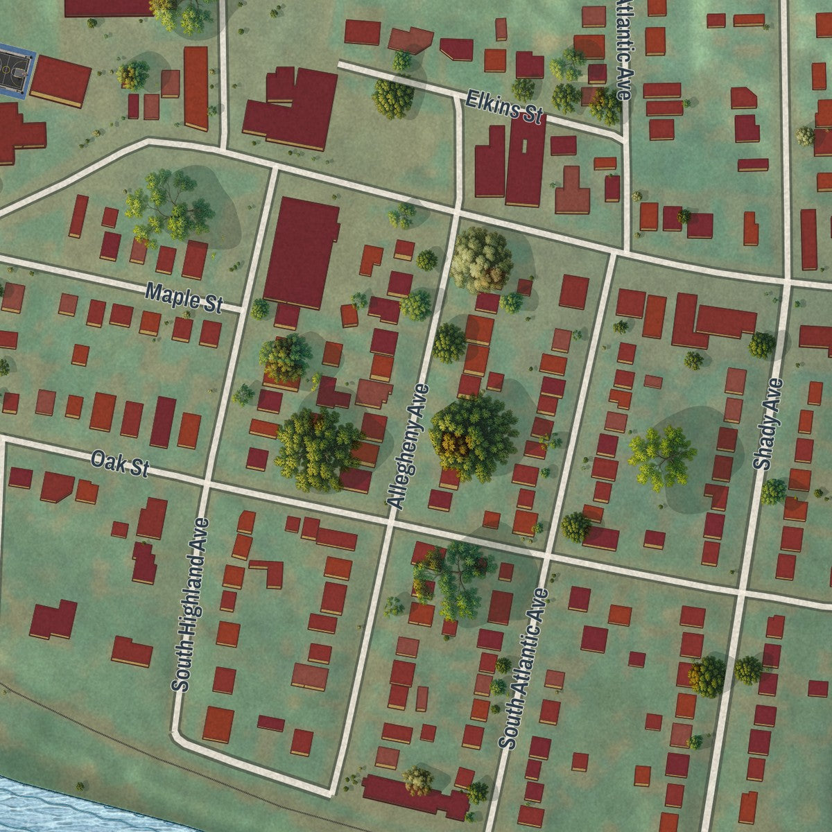 Second close-up of the map of Cheswick, Pennsylvania print showing more streets and buildings