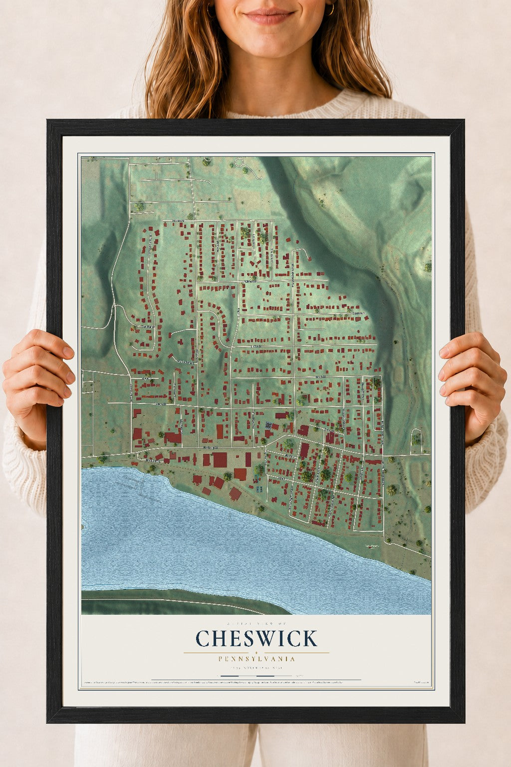 Map of Cheswick, Pennsylvania, 18 x 24 inch print in a black wood frame