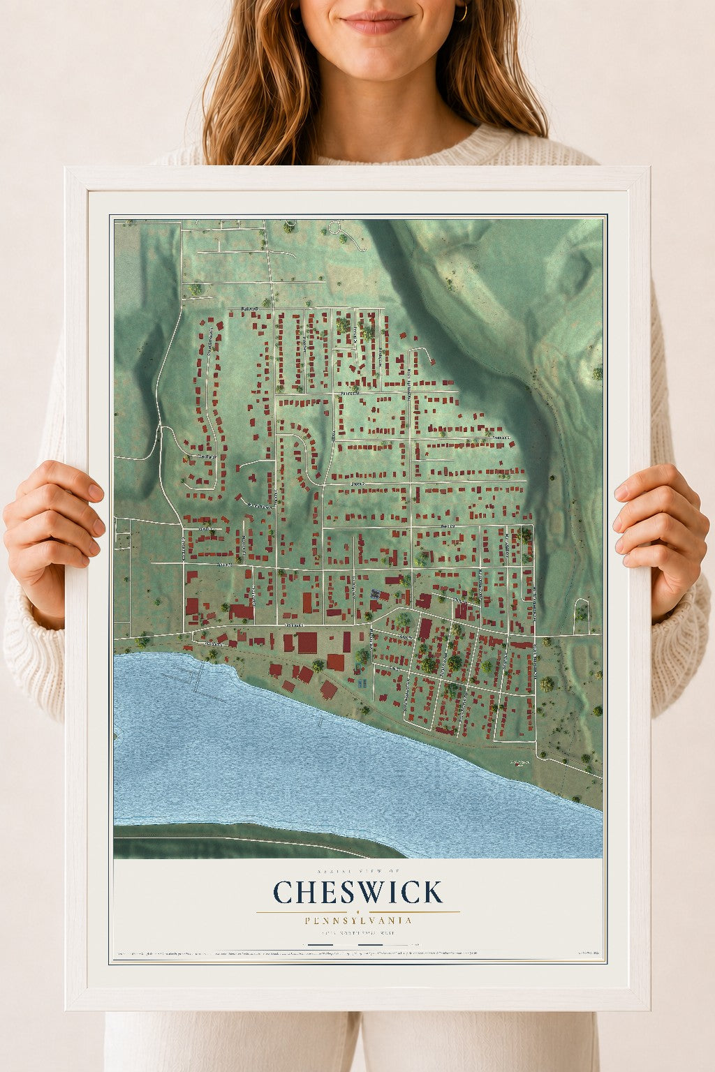 Map of Cheswick, Pennsylvania, 18 x 24 inch print in a white wood frame