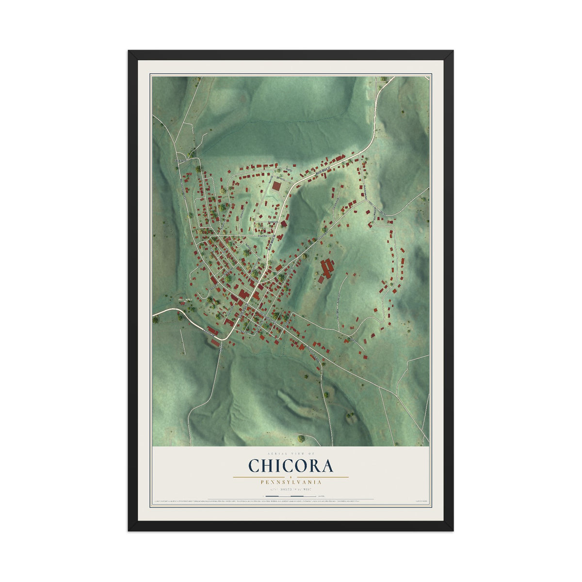 Map of Chicora, Pennsylvania, 12 x 18 inch print in a black wood frame