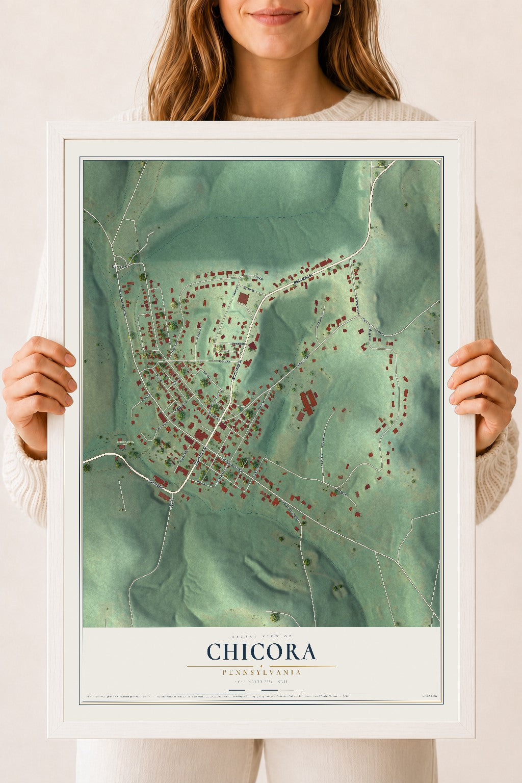 Map of Chicora, Pennsylvania, 18 x 24 inch print in a white wood frame