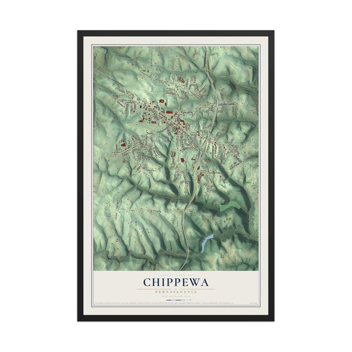 Map of Chippewa, Pennsylvania, 12 x 18 inch print in a black wood frame