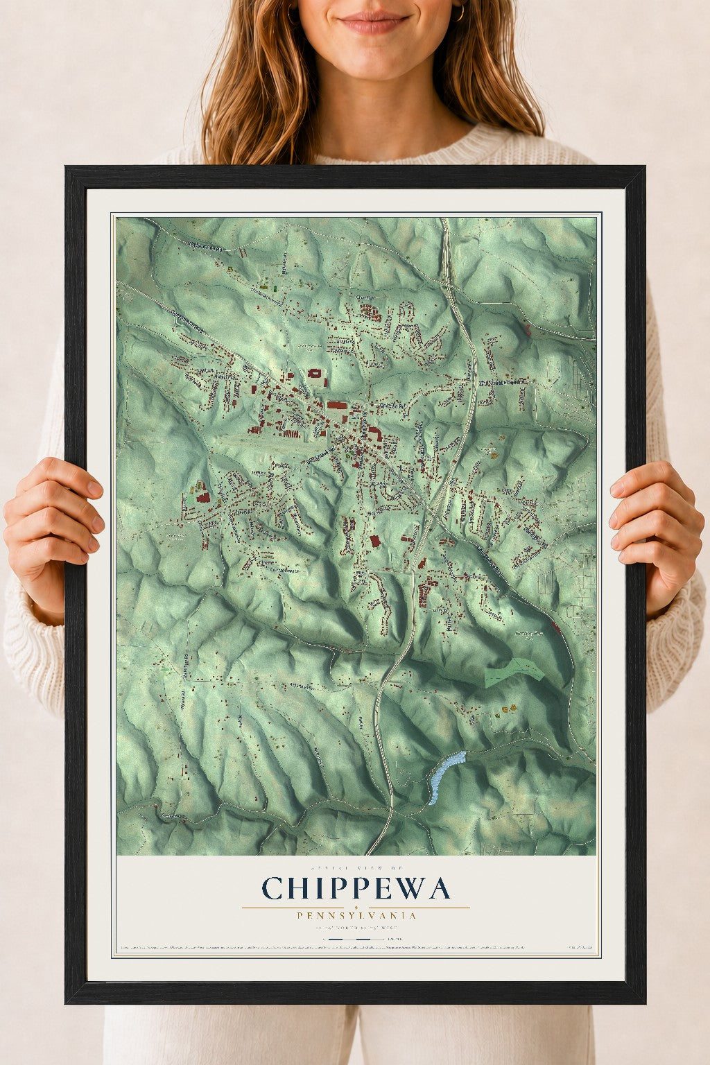 Map of Chippewa, Pennsylvania, 18 x 24 inch print in a black wood frame