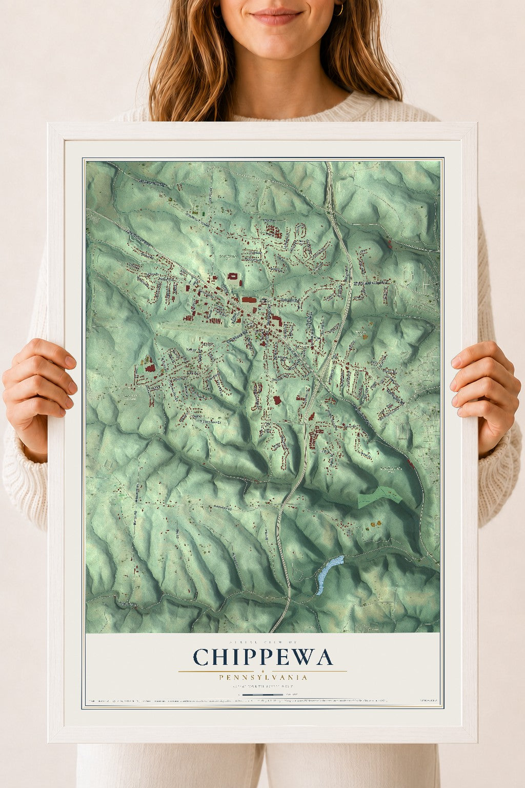 Map of Chippewa, Pennsylvania, 18 x 24 inch print in a white wood frame