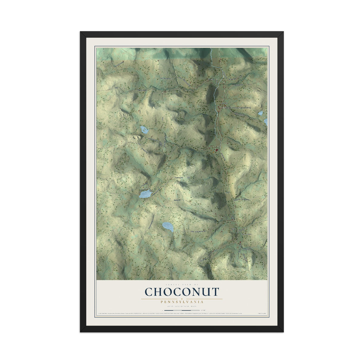 Map of Choconut, Pennsylvania, 12 x 18 inch print in a black wood frame