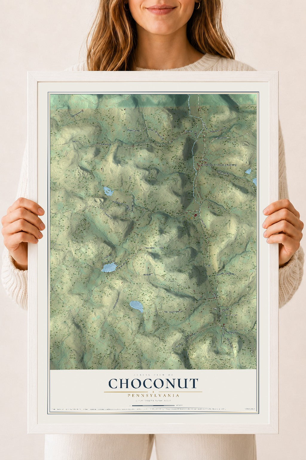 Map of Choconut, Pennsylvania, 18 x 24 inch print in a white wood frame