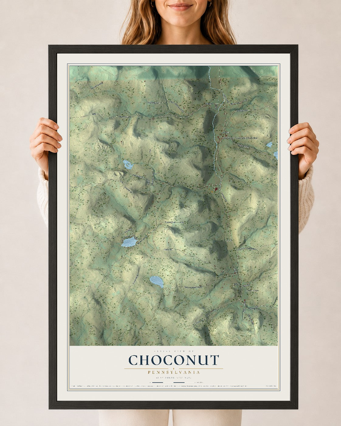 Map of Choconut, Pennsylvania, 24 x 36 inch print in a black wood frame