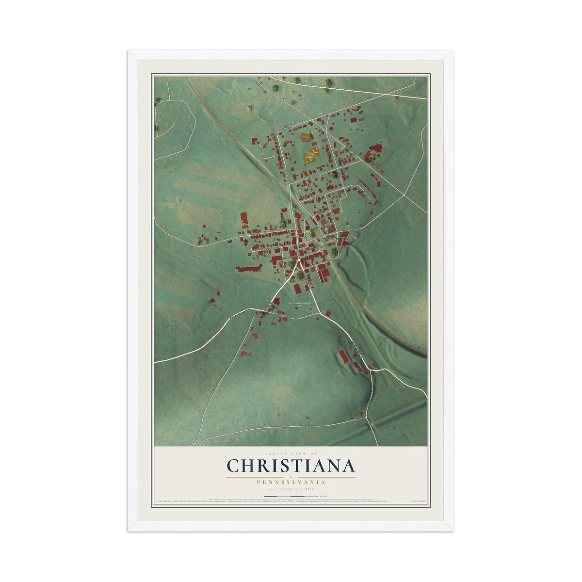 Map of Christiana, Pennsylvania, 12 x 18 inch print in a white wood frame