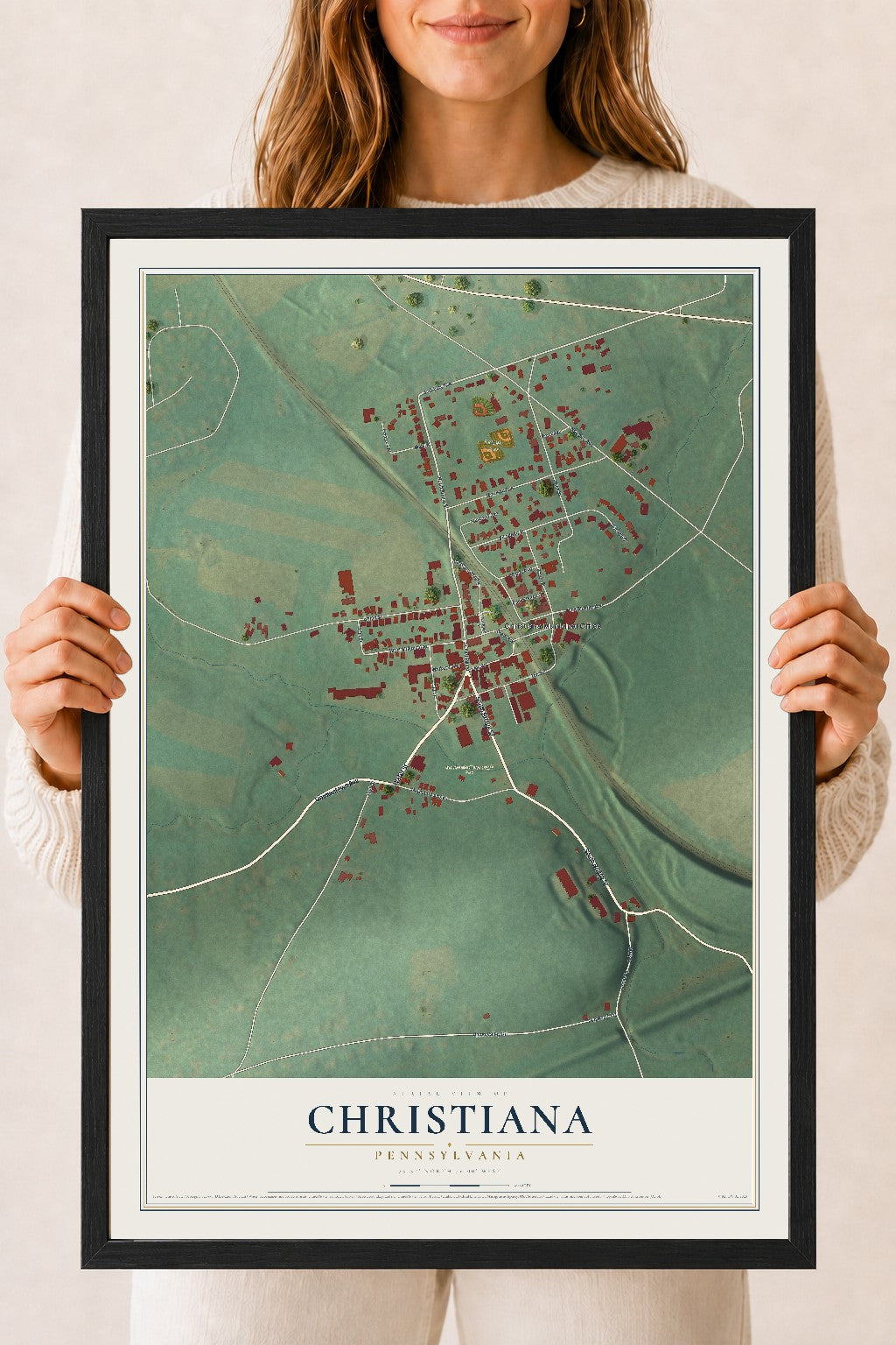 Map of Christiana, Pennsylvania, 18 x 24 inch print in a black wood frame