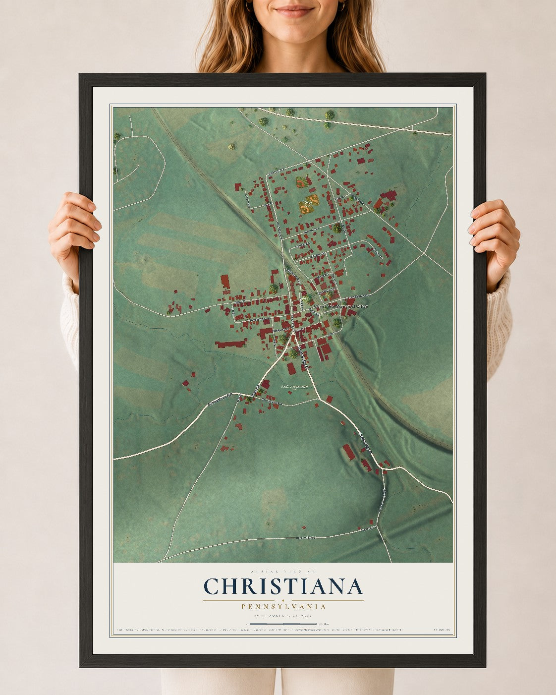 Map of Christiana, Pennsylvania, 24 x 36 inch print in a black wood frame