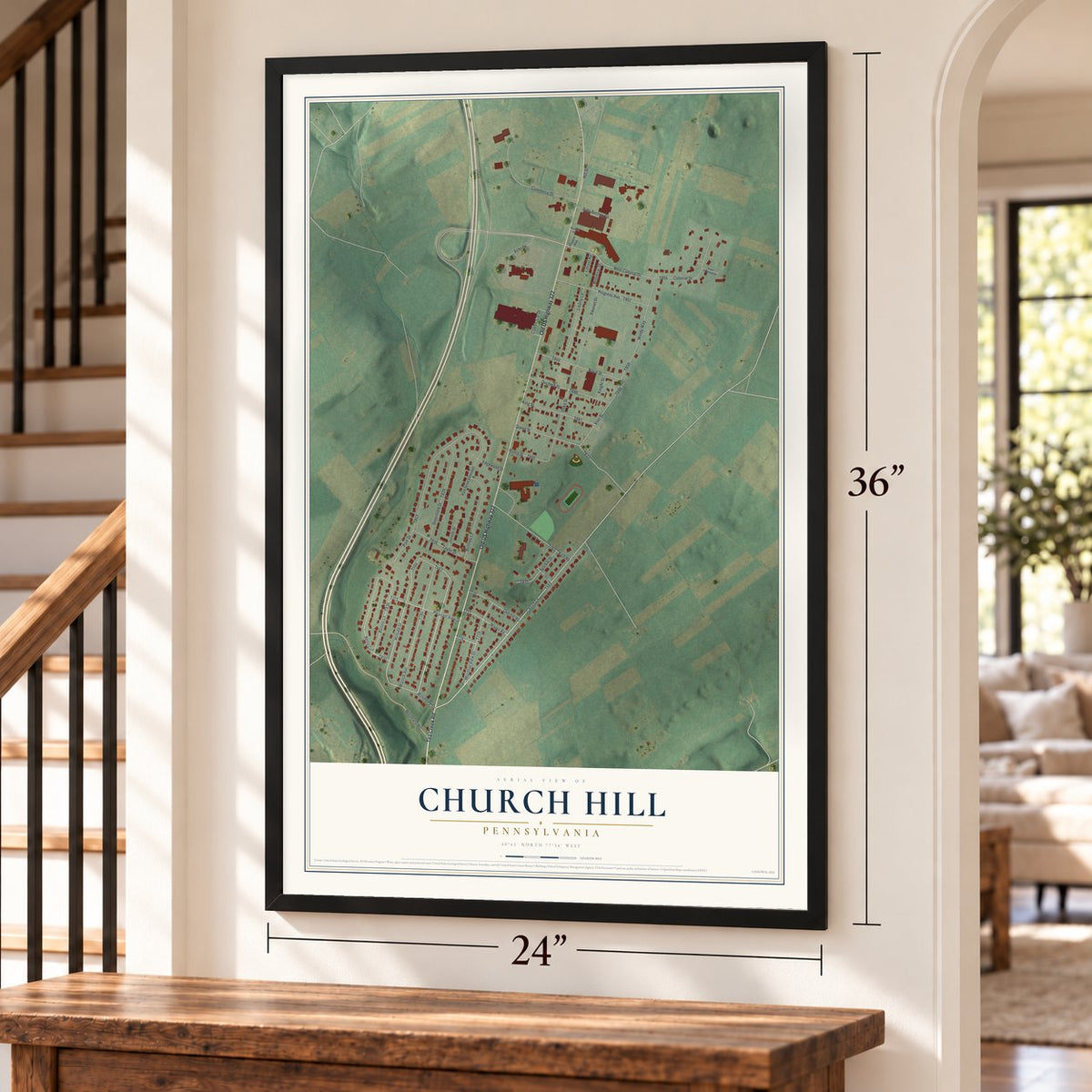 Church Hill, Pennsylvania map, 24 x 36 inch print in a black frame by a staircase
