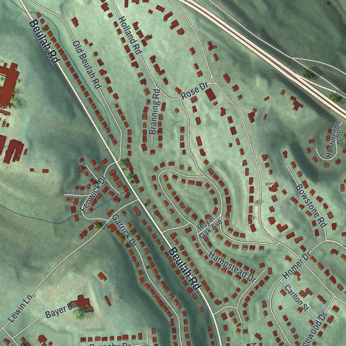 Close-up of the map of Churchill, Pennsylvania print showing street and building detail