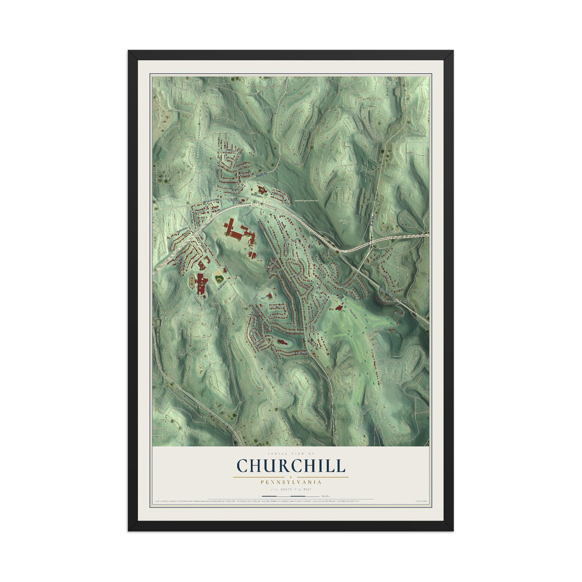 Map of Churchill, Pennsylvania, 12 x 18 inch print in a black wood frame
