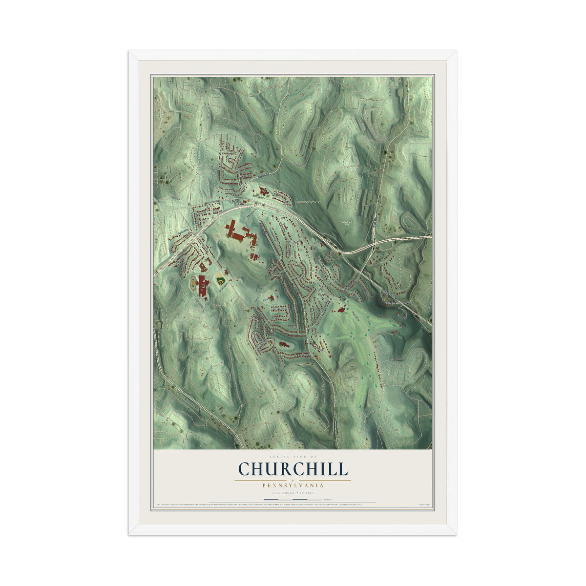 Map of Churchill, Pennsylvania, 12 x 18 inch print in a white wood frame