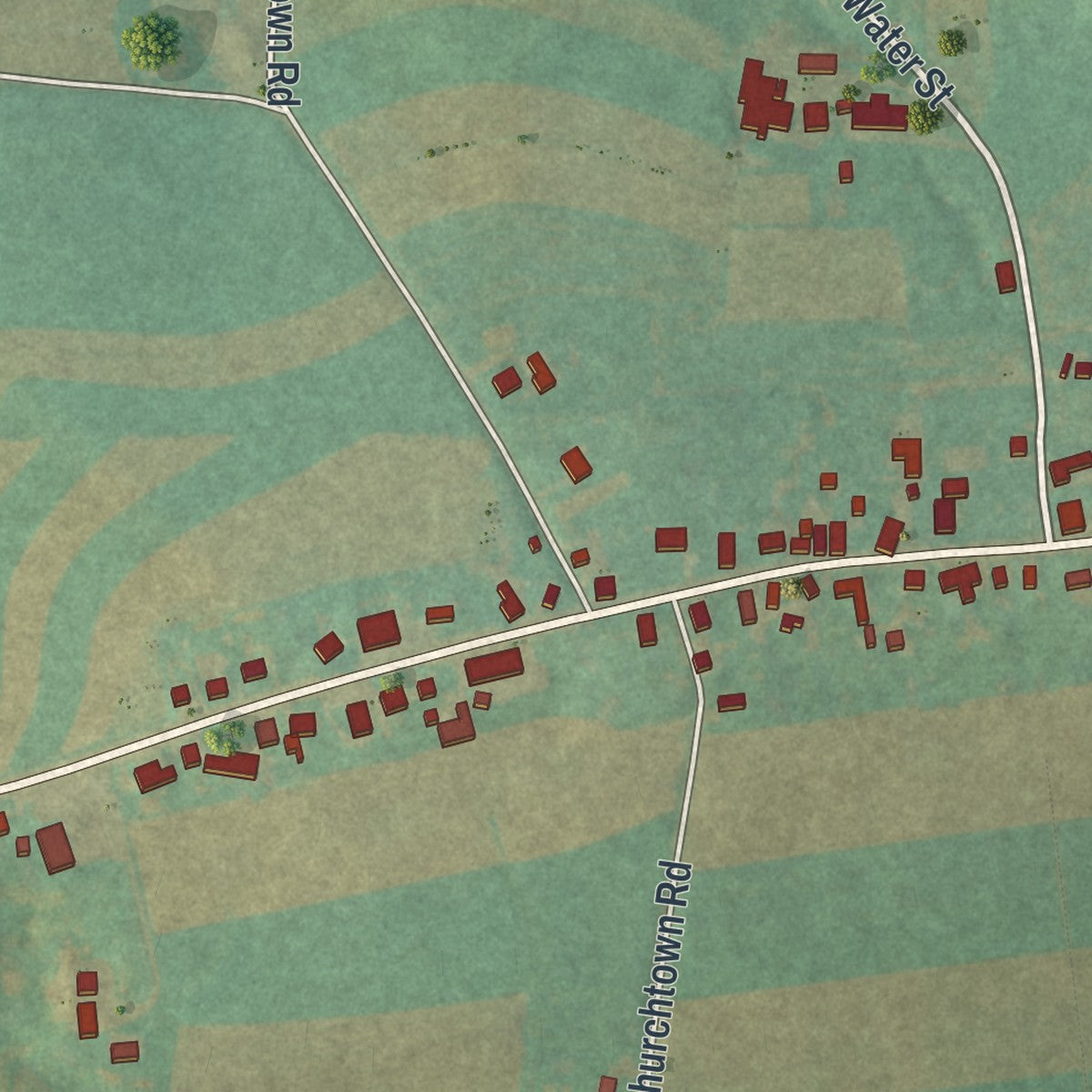 Close-up of the map of Churchtown, Pennsylvania print showing street and building detail