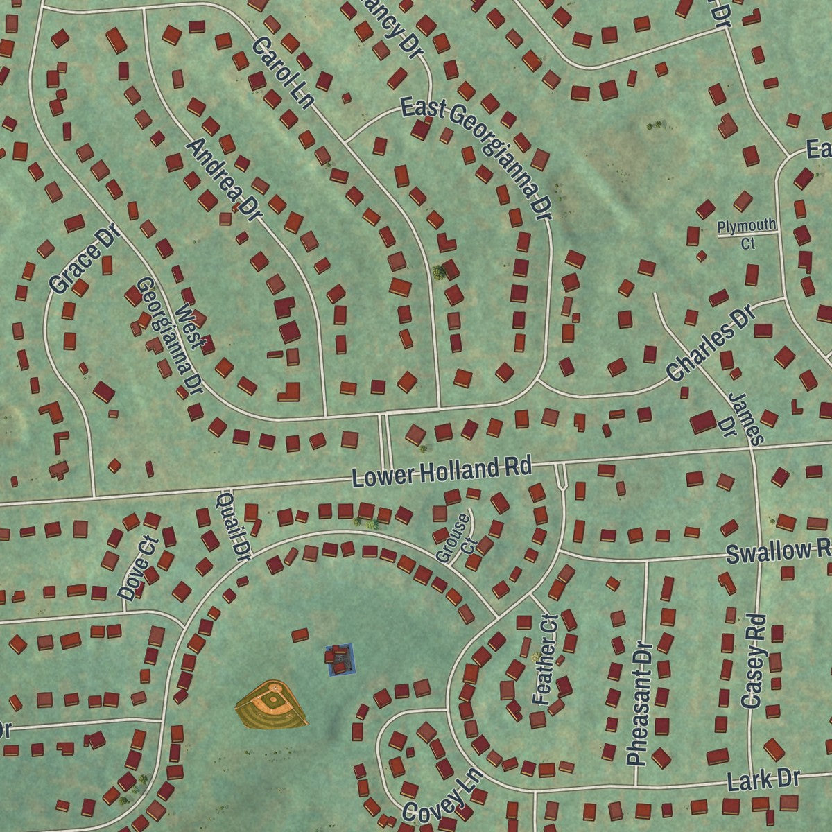 Close-up of the map of Churchville, Pennsylvania print showing street and building detail