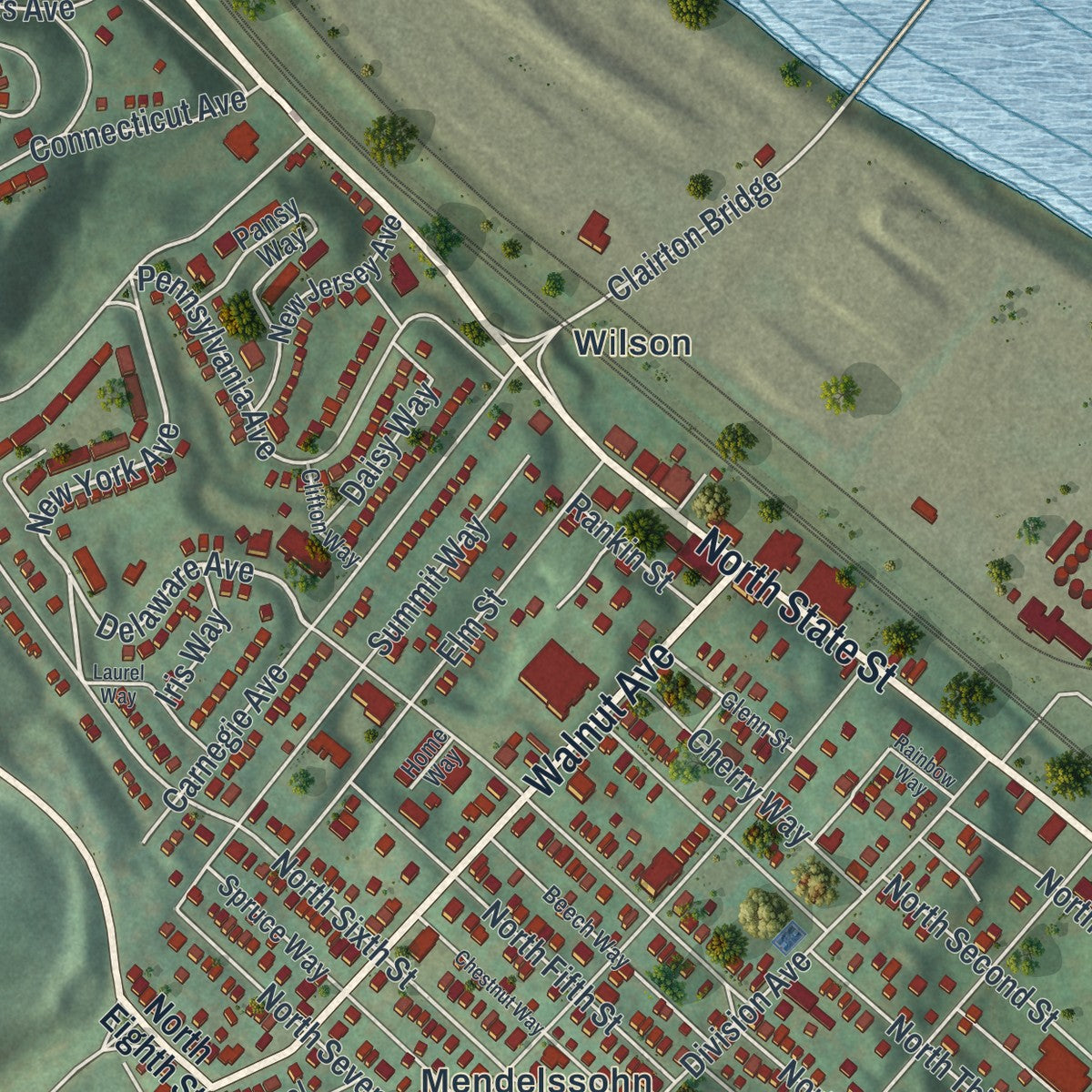Second close-up of the map of Clairton, Pennsylvania print showing more streets and buildings
