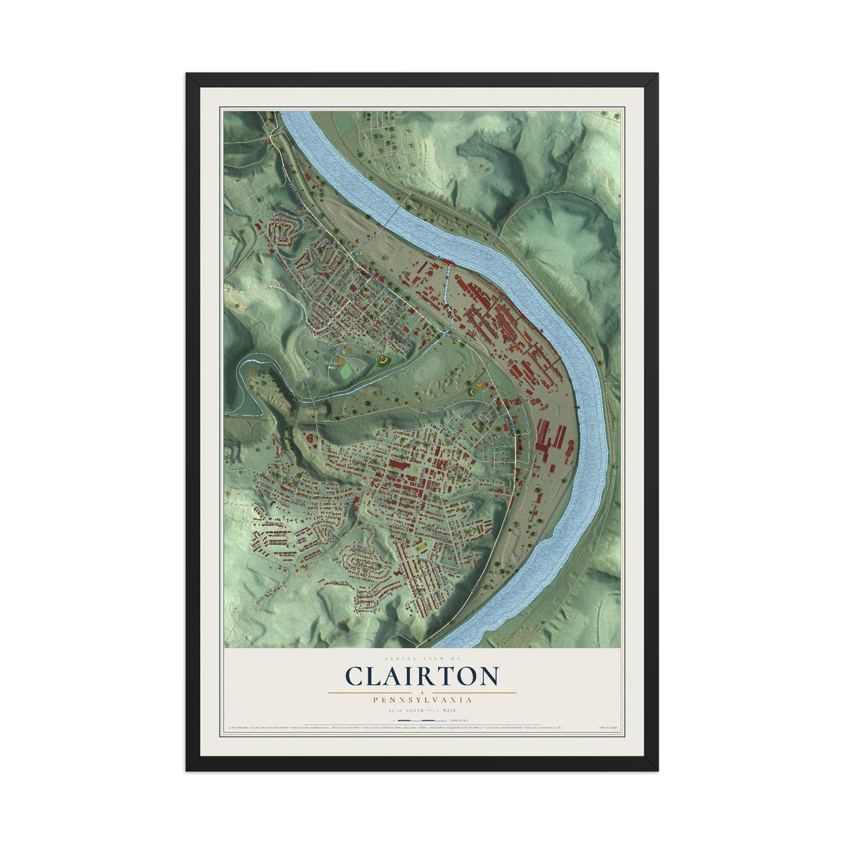 Map of Clairton, Pennsylvania, 12 x 18 inch print in a black wood frame