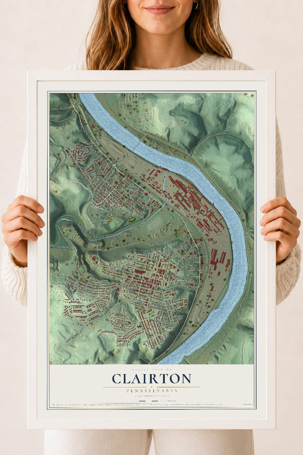Map of Clairton, Pennsylvania, 18 x 24 inch print in a white wood frame