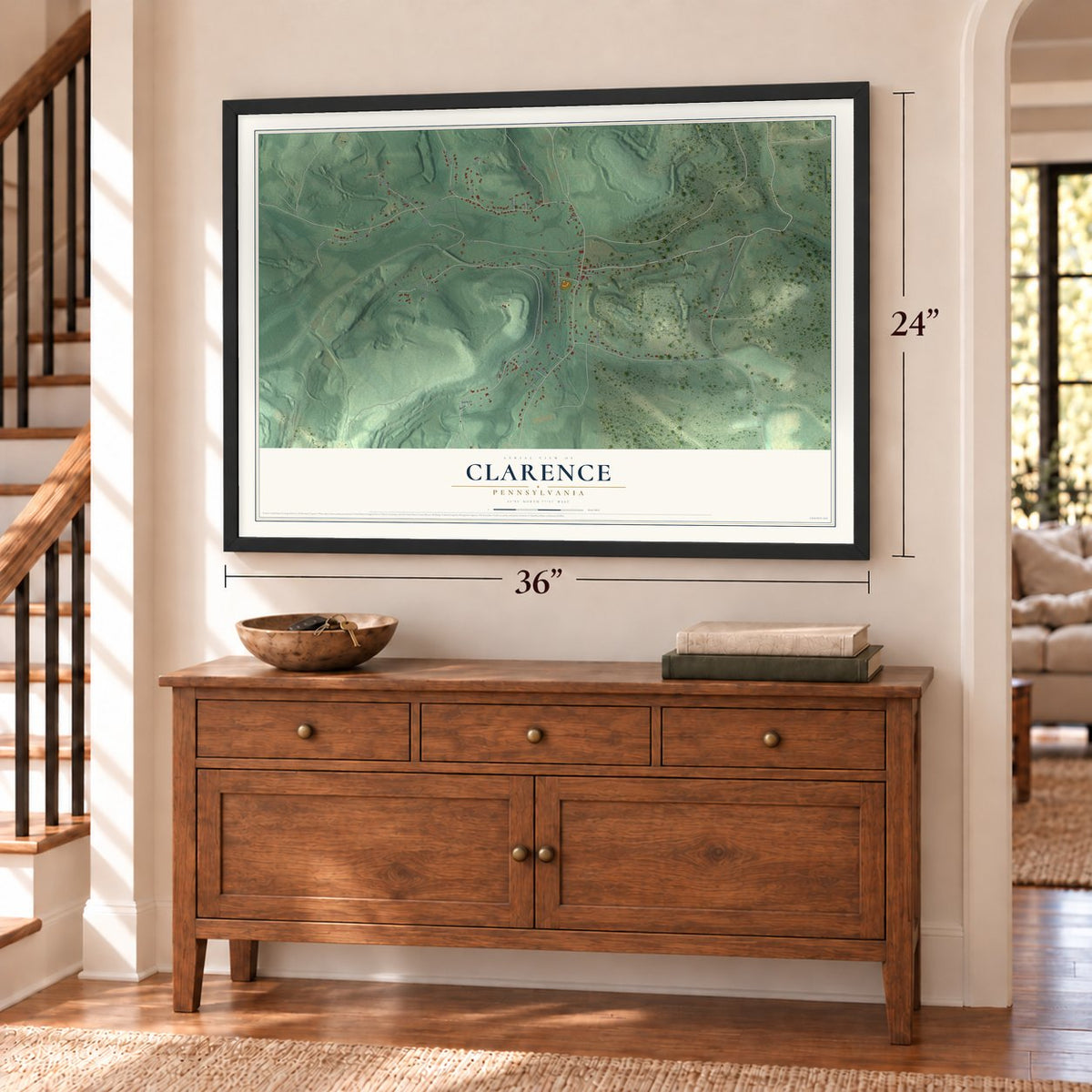 Clarence, Pennsylvania map, 24 x 36 inch print in a black frame above a dresser by a staircase