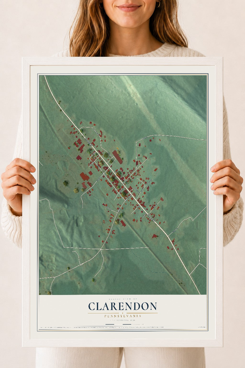 Map of Clarendon, Pennsylvania, 18 x 24 inch print in a white wood frame