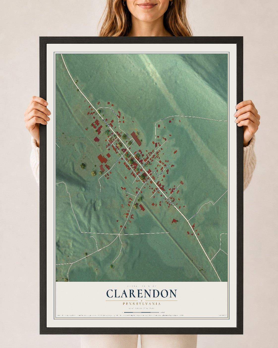 Map of Clarendon, Pennsylvania, 24 x 36 inch print in a black wood frame