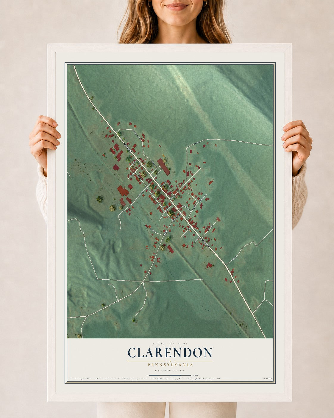 Map of Clarendon, Pennsylvania, 24 x 36 inch print in a white wood frame