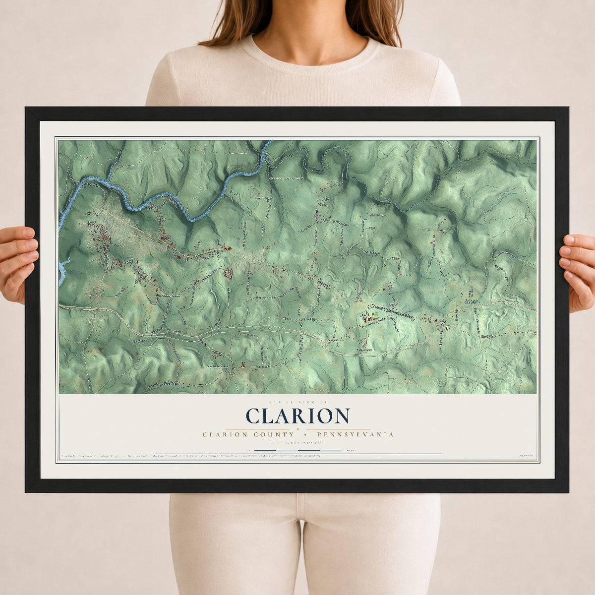 Map of Clarion, Clarion County, Pennsylvania, 18 x 24 inch print in a black wood frame