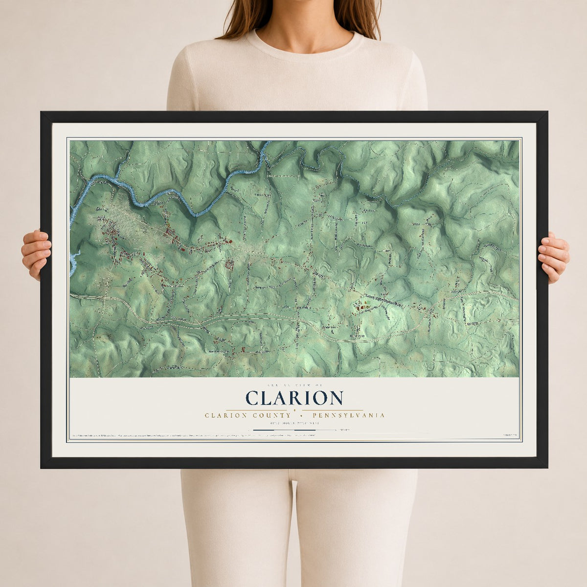 Map of Clarion, Clarion County, Pennsylvania, 24 x 36 inch print in a black wood frame