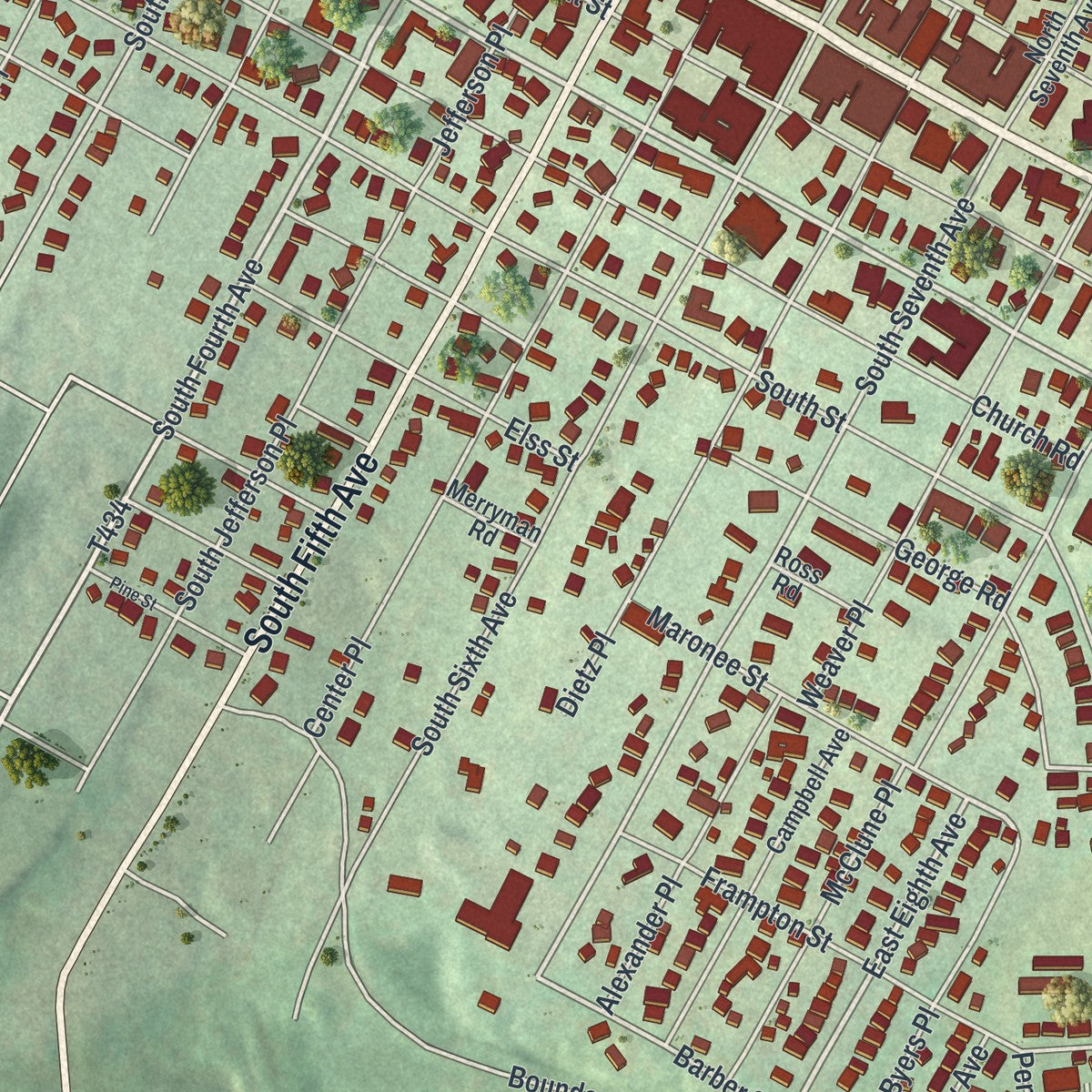 Close-up of the map of the Borough of Clarion, Clarion County, Pennsylvania print showing street and building detail