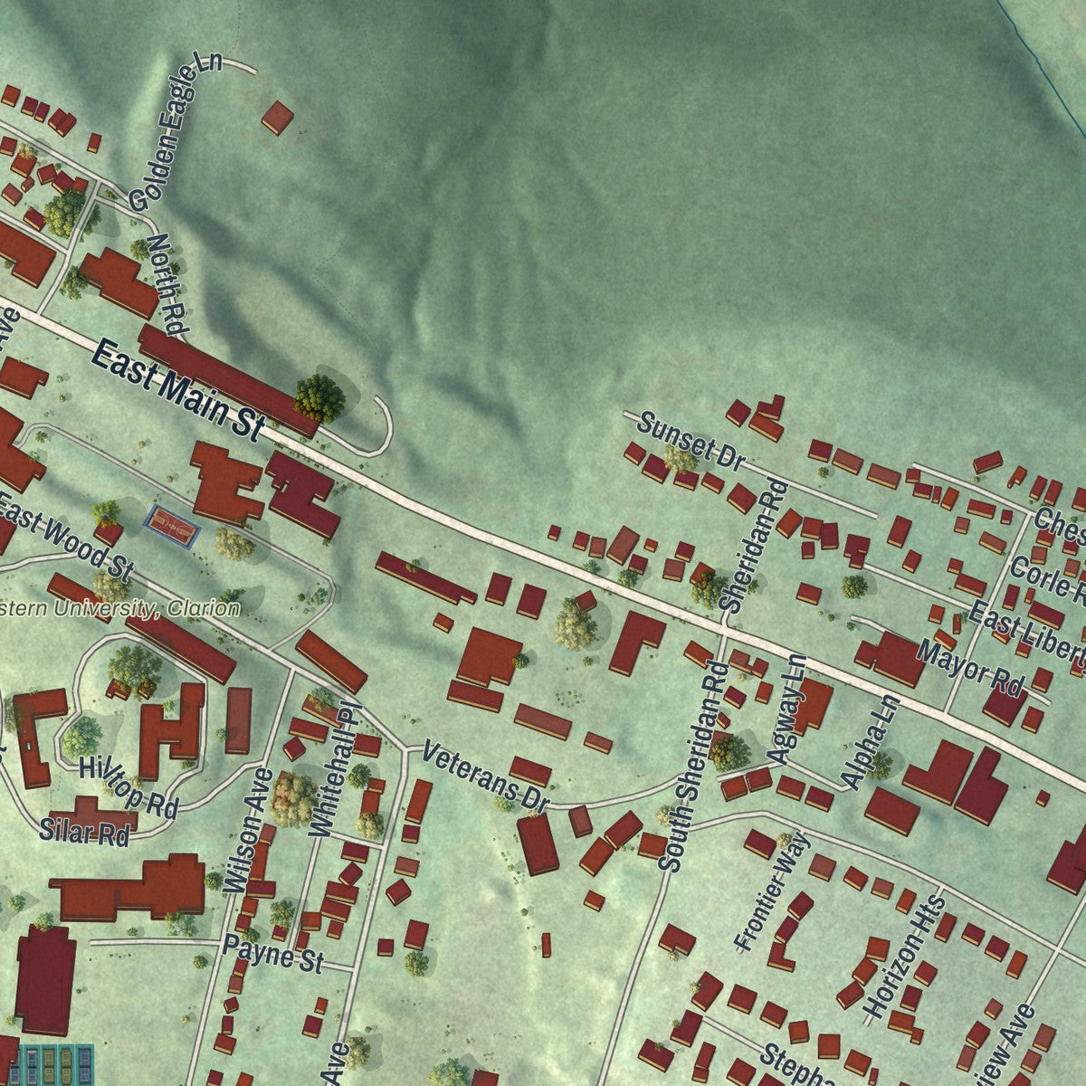 Second close-up of the map of the Borough of Clarion, Clarion County, Pennsylvania print showing more streets and buildings