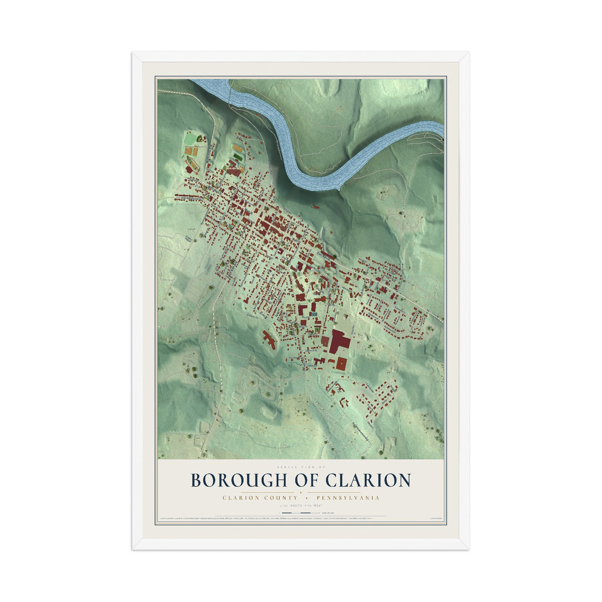 Map of the Borough of Clarion, Clarion County, Pennsylvania, 12 x 18 inch print in a white wood frame