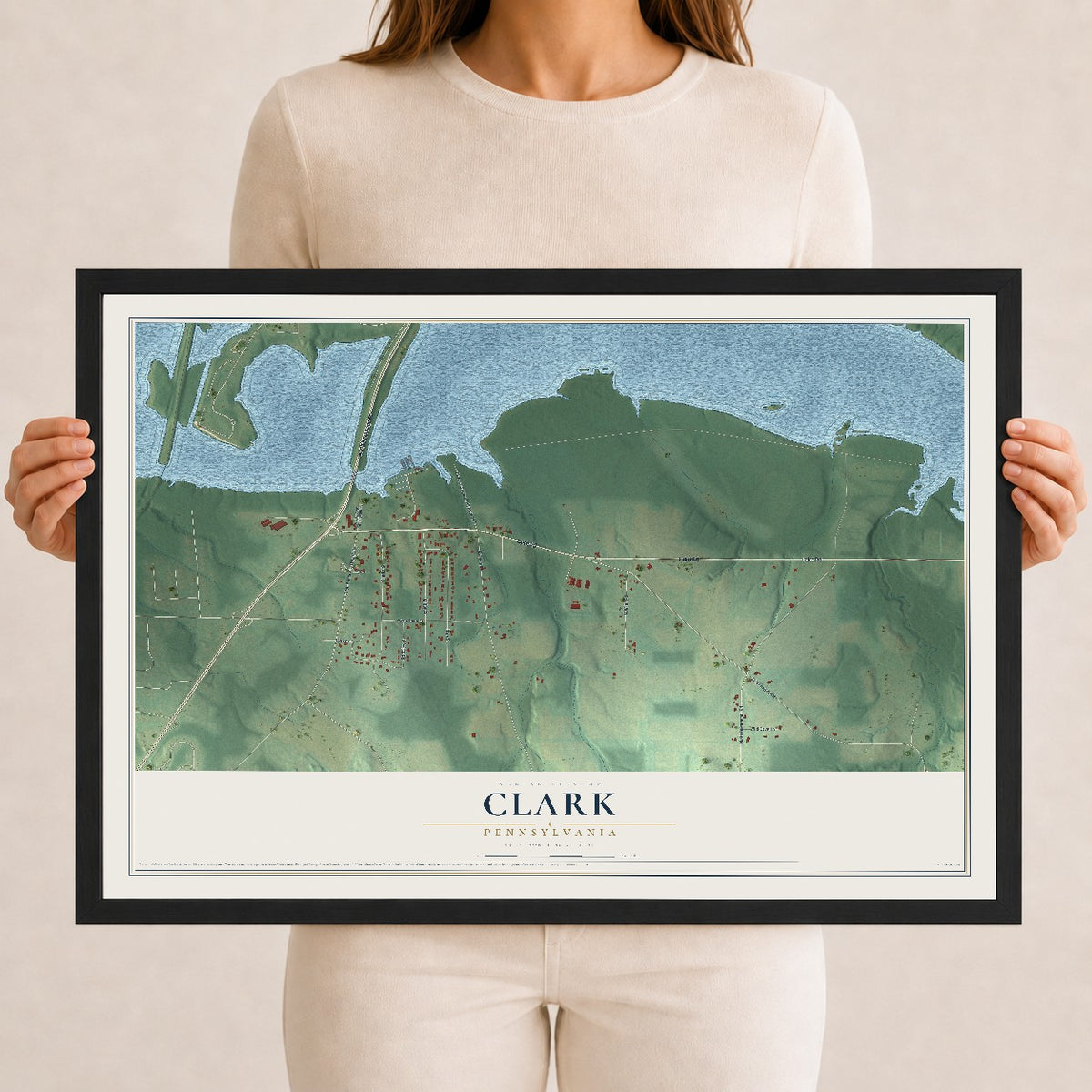 Map of Clark, Pennsylvania, 12 x 18 inch print in a black wood frame