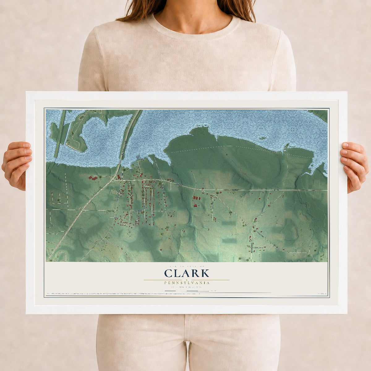 Map of Clark, Pennsylvania, 12 x 18 inch print in a white wood frame