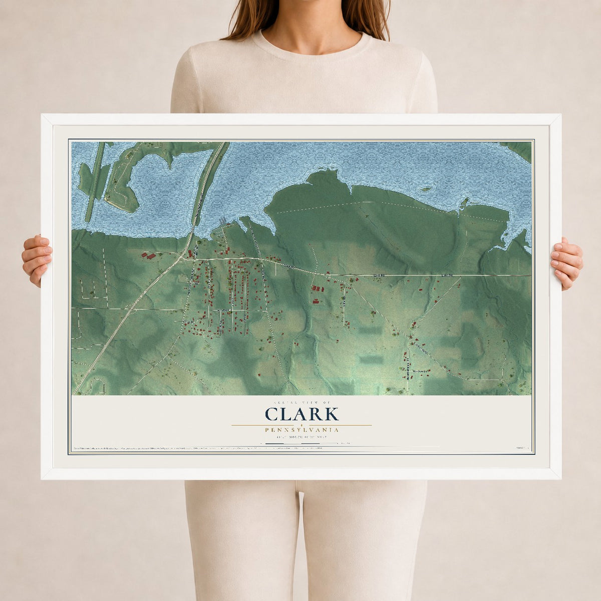Map of Clark, Pennsylvania, 24 x 36 inch print in a white wood frame