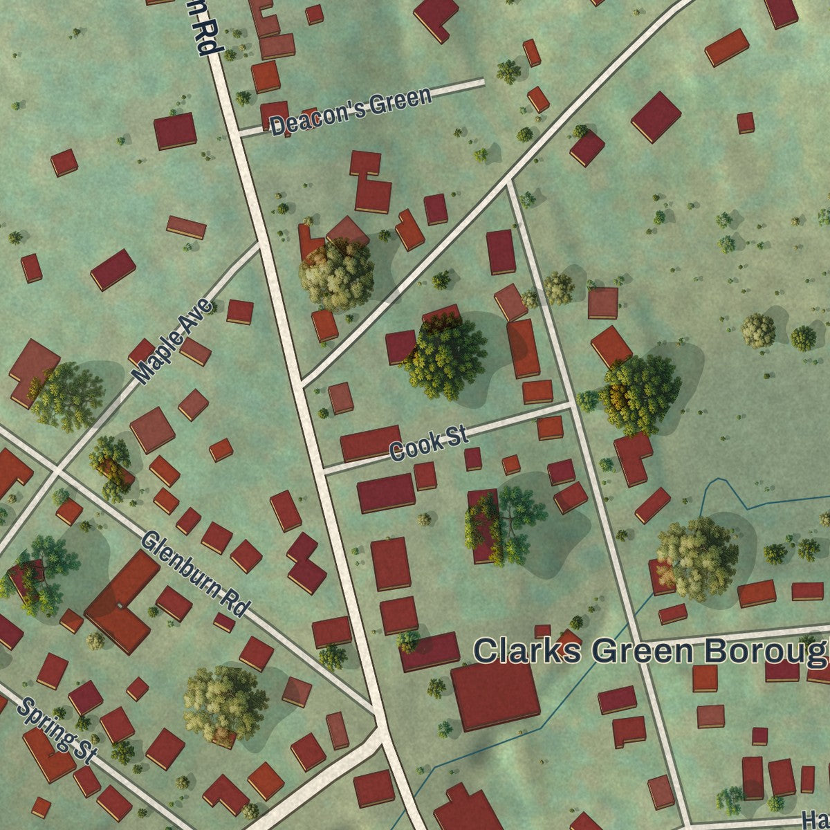 Second close-up of the map of Clarks Green, Pennsylvania print showing more streets and buildings
