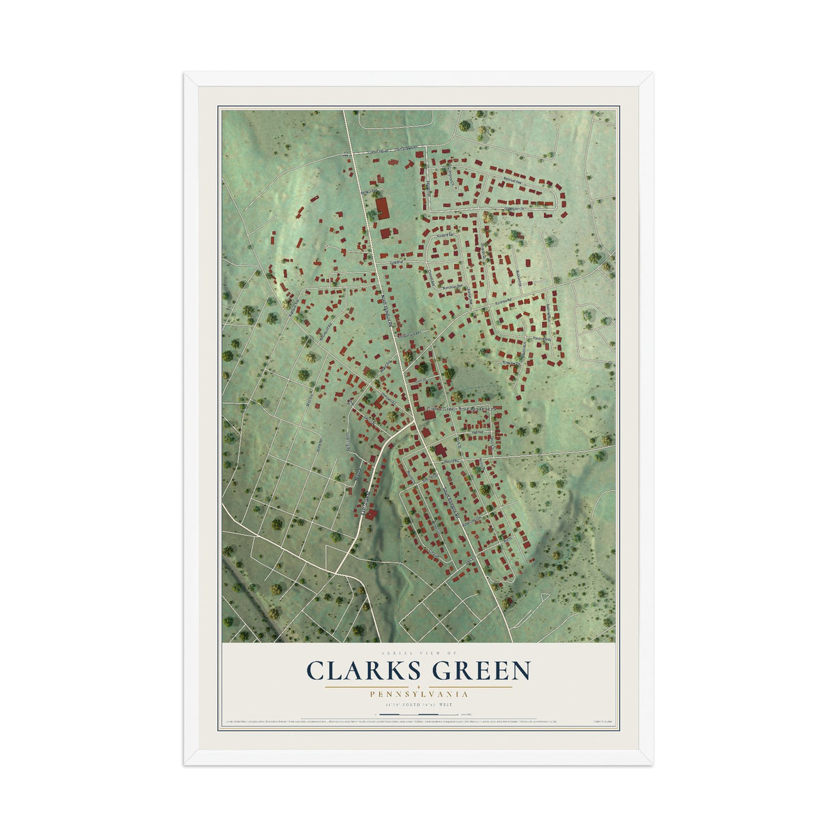 Map of Clarks Green, Pennsylvania, 12 x 18 inch print in a white wood frame