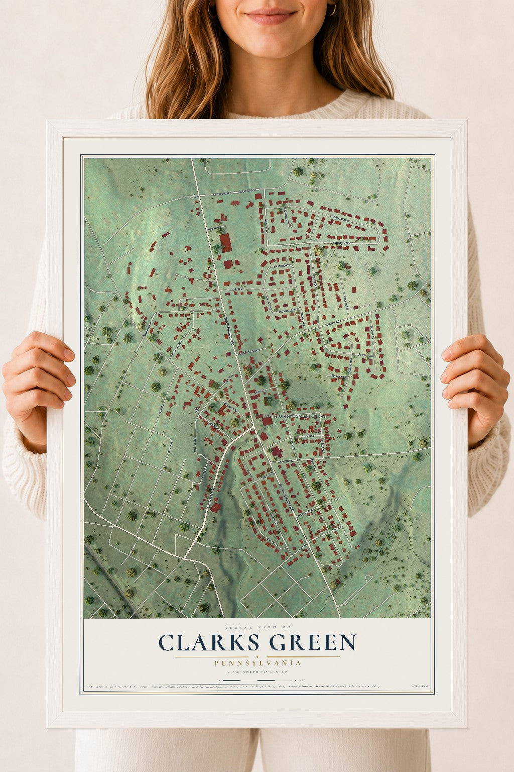 Map of Clarks Green, Pennsylvania, 18 x 24 inch print in a white wood frame