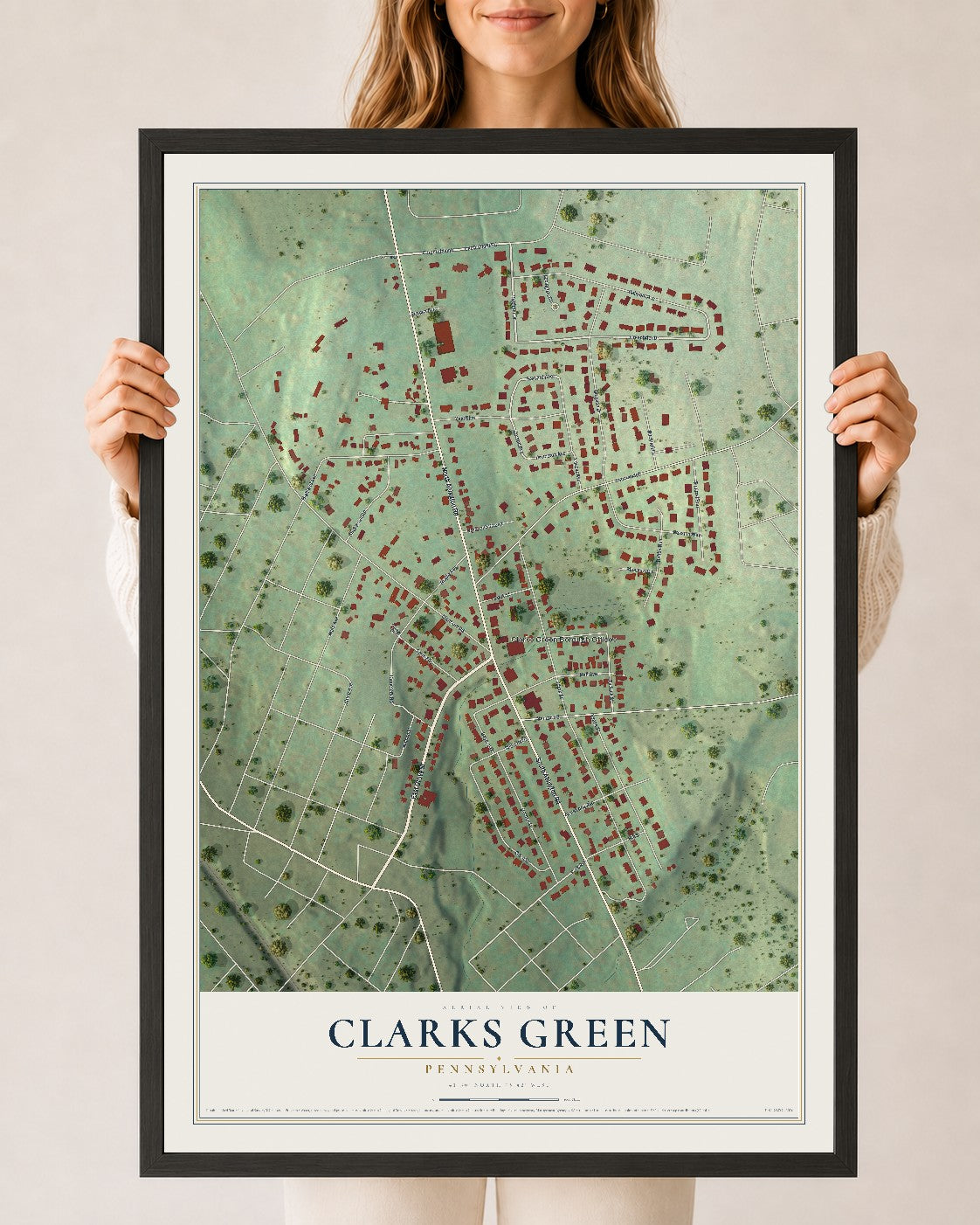 Map of Clarks Green, Pennsylvania, 24 x 36 inch print in a black wood frame
