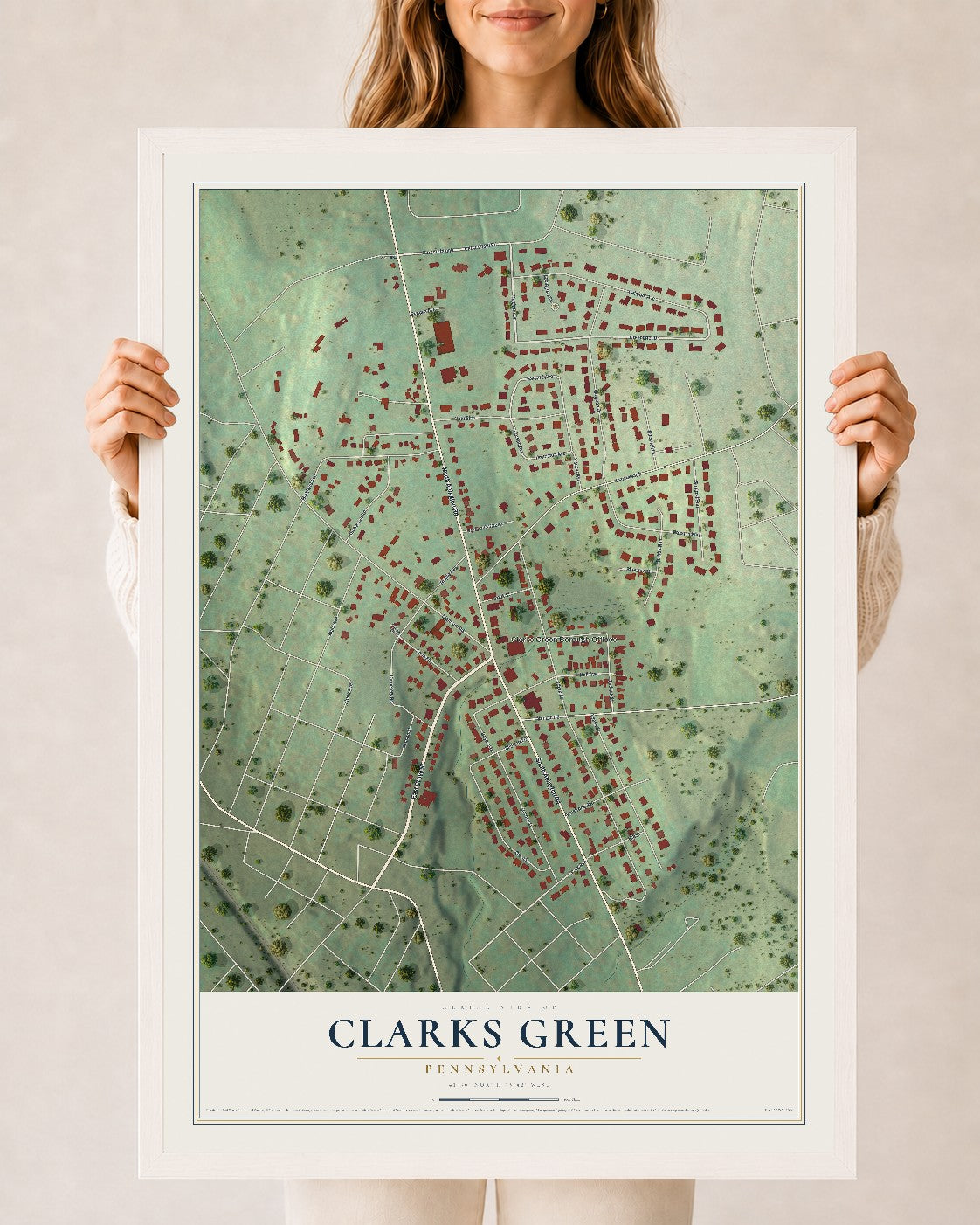 Map of Clarks Green, Pennsylvania, 24 x 36 inch print in a white wood frame