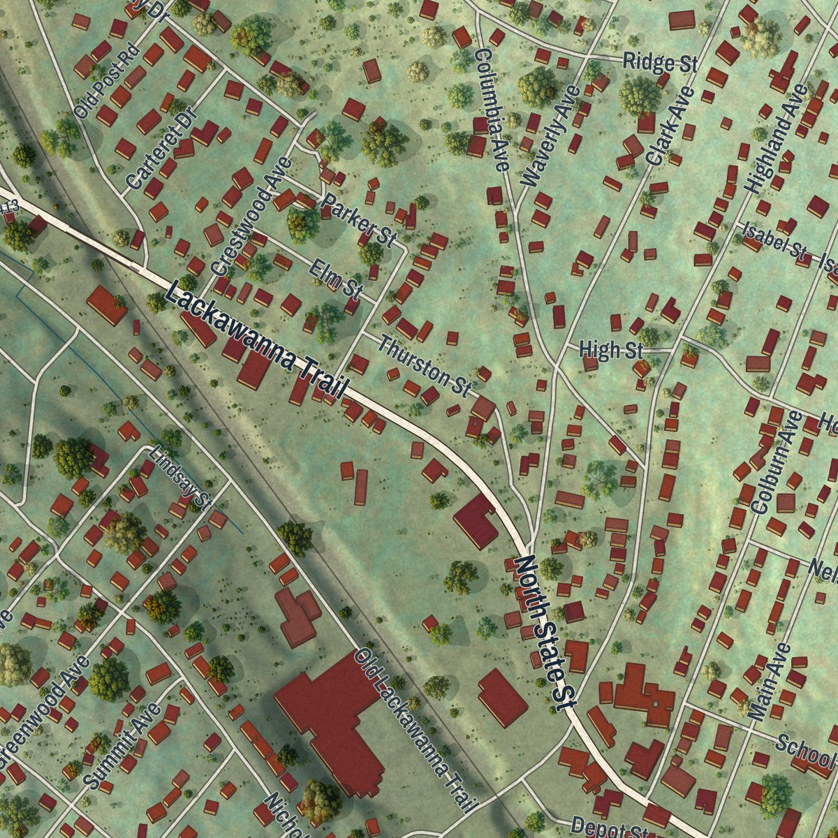 Close-up of the map of Clarks Summit, Pennsylvania print showing street and building detail